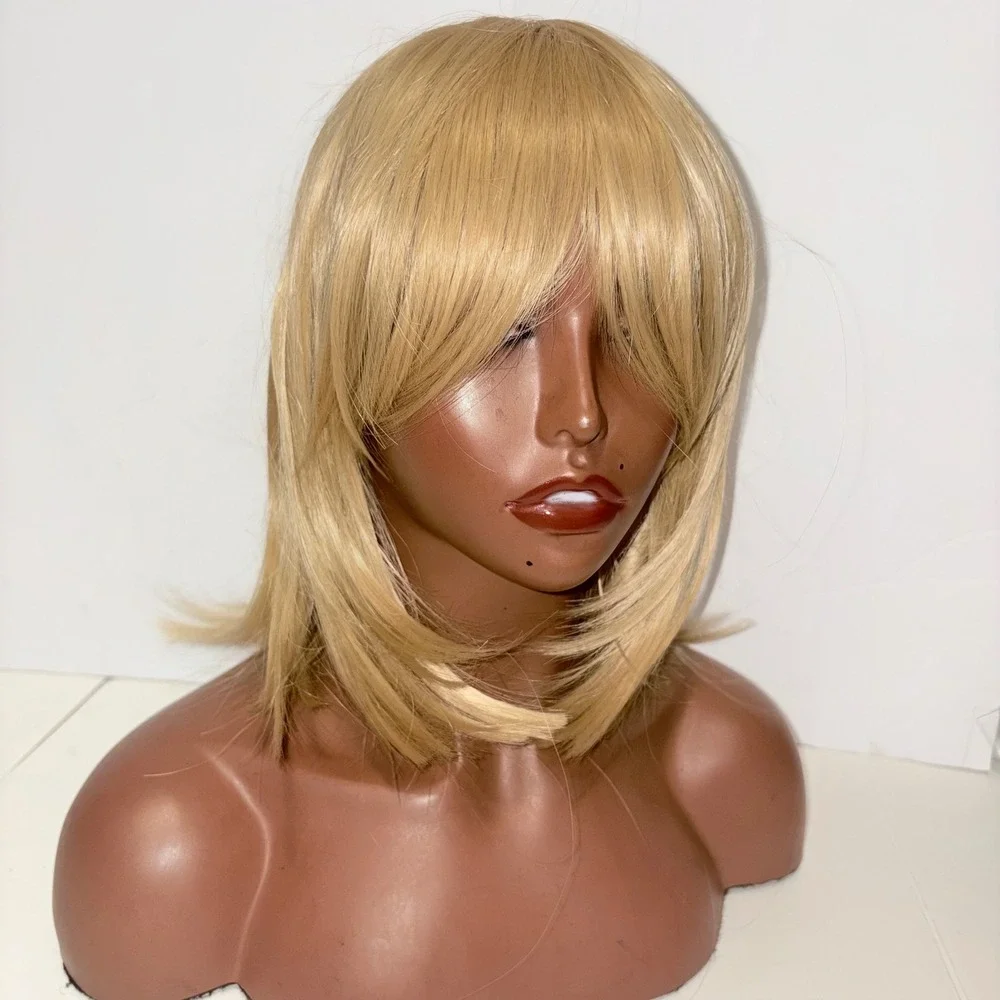 Blonde Shoulder Length Layered Bob Wig with Curtain Bangs Synthetic Hair